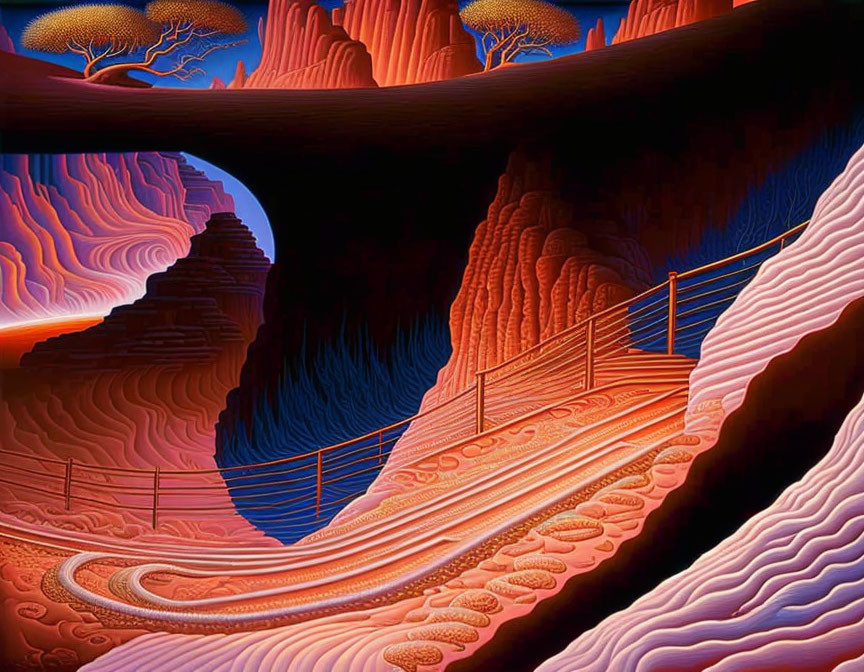 Vibrant surreal landscape: flowing canyon, staircase, tree-like formations, red sky