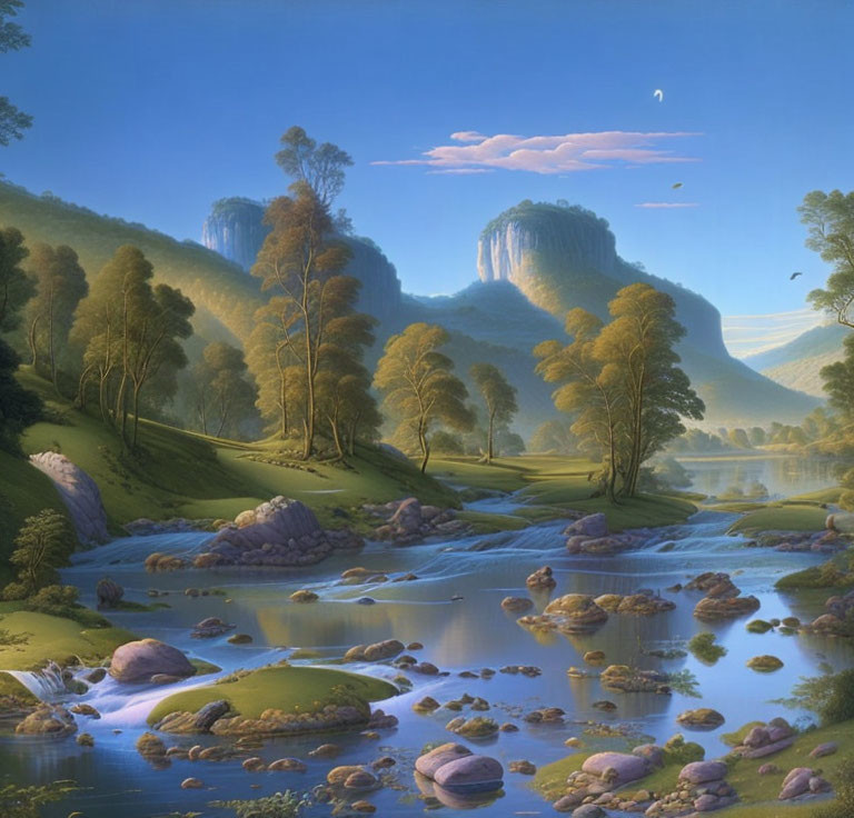 Tranquil landscape with river, trees, cliffs, birds, and crescent moon