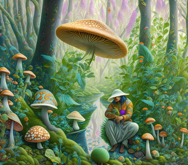 Person in hat surrounded by colorful mushrooms in lush forest