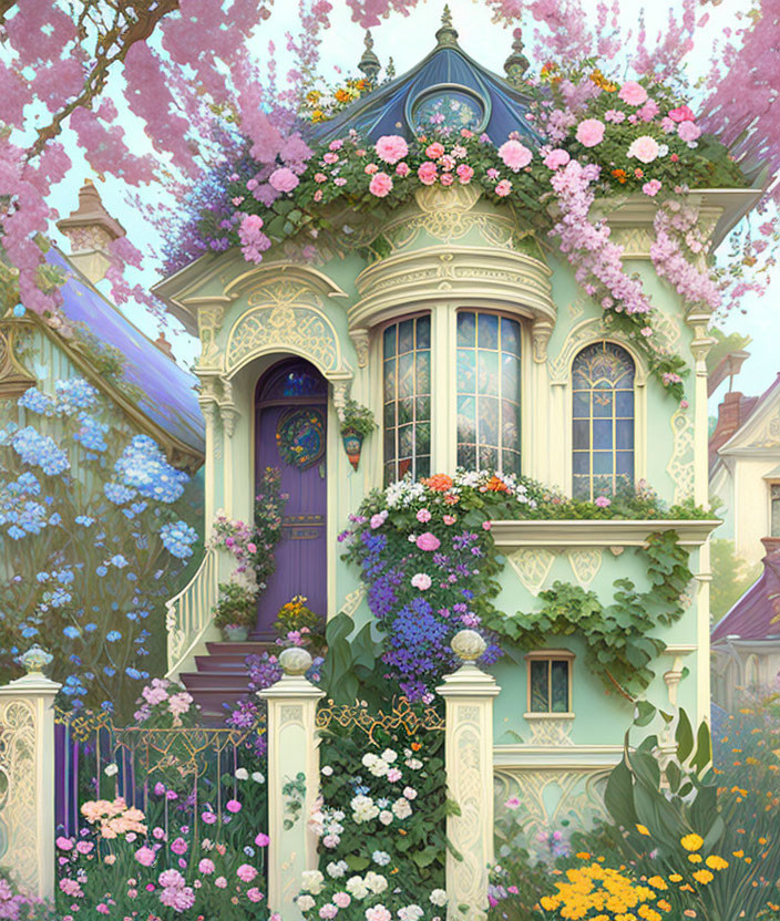 Victorian house with blooming flowers and cherry blossoms