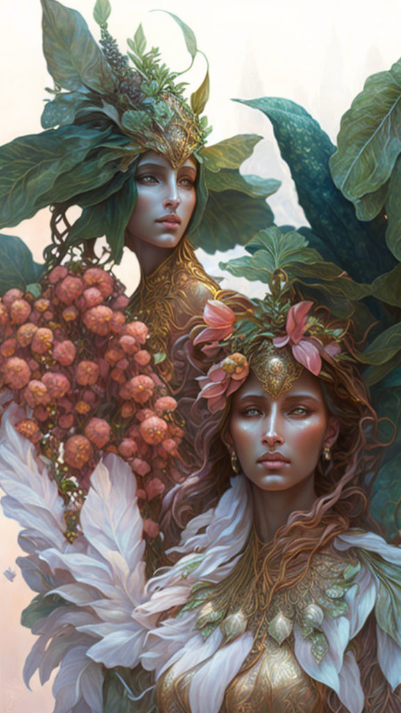 Ethereal women with botanical and avian headpieces in mystical setting