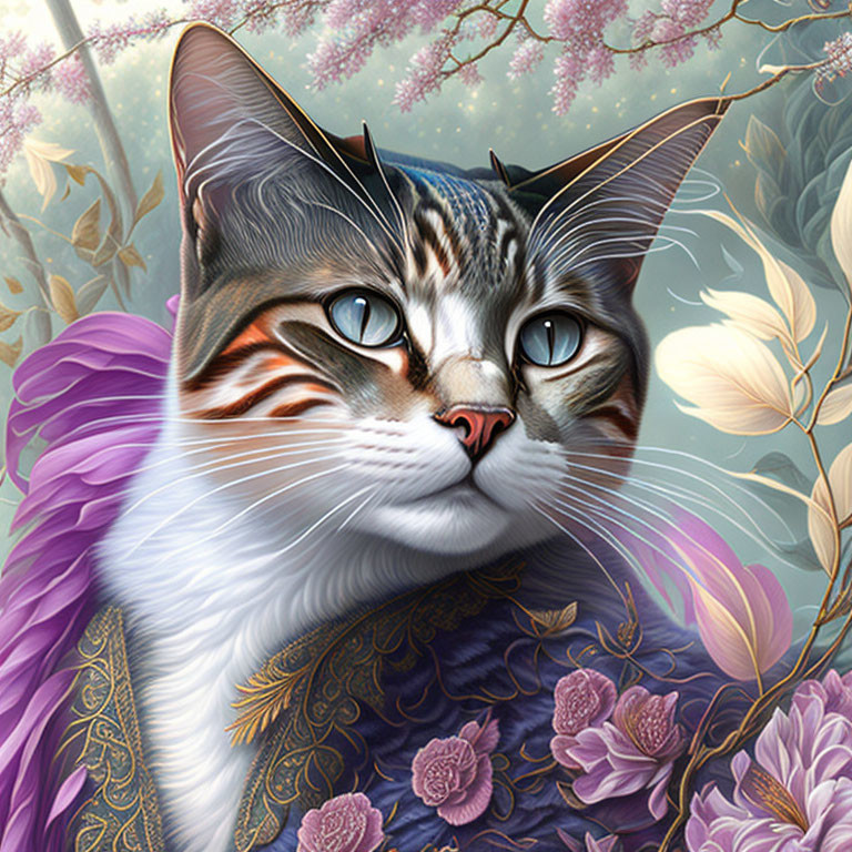 Detailed illustration: Cat with human-like eyes in regal purple cloak among cherry blossoms