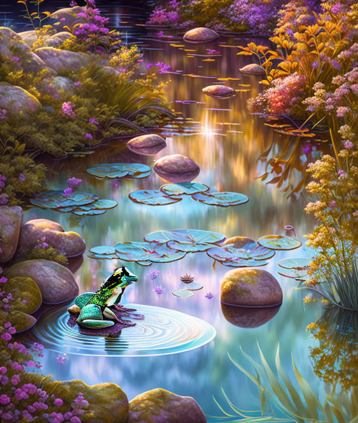 Colorful illustration of serene pond with lily pads, frog, lush flora, and waterfall.