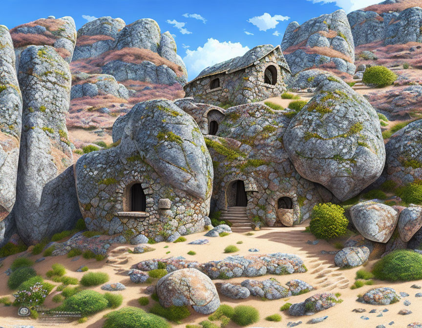 Quaint stone houses in boulder landscape under clear blue skies