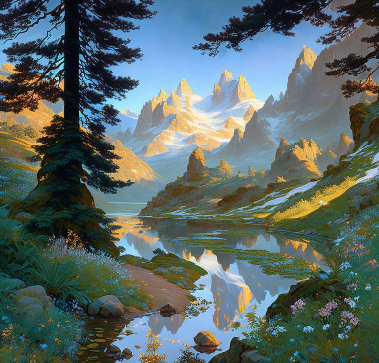 Tranquil river landscape with snowy mountains and lush forest