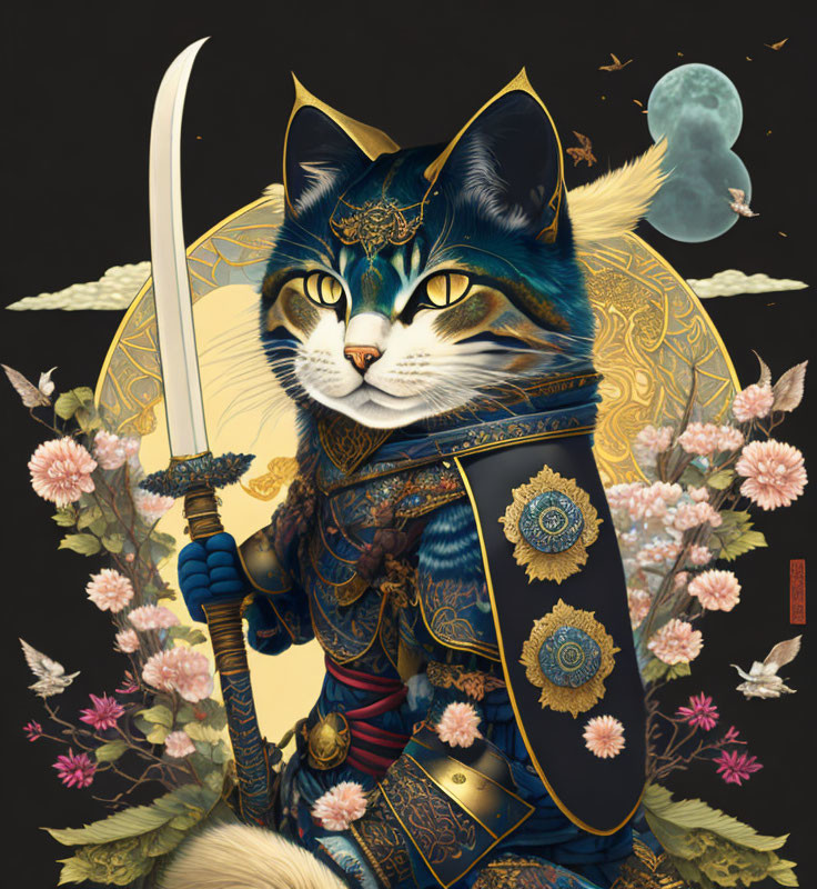 Anthropomorphic cat in Japanese samurai armor with sword under full moon.