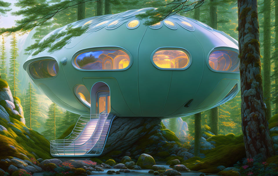 Spherical treehouse with multiple windows in lush forest