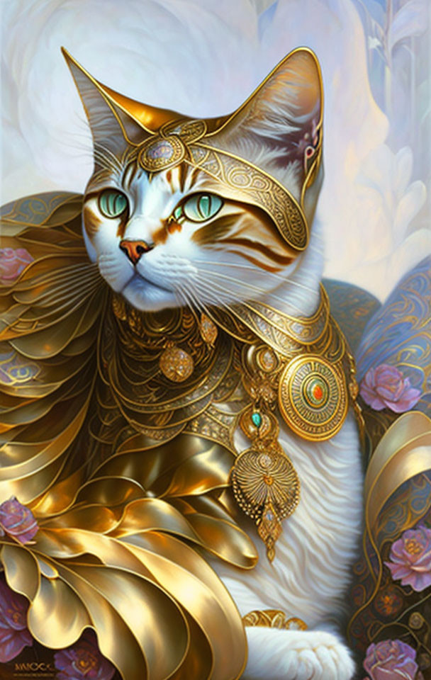 Majestic cat with golden jewelry and headdress on floral backdrop