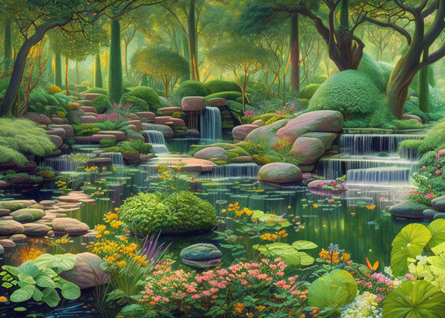 Tranquil forest landscape with waterfalls, river, and flowers