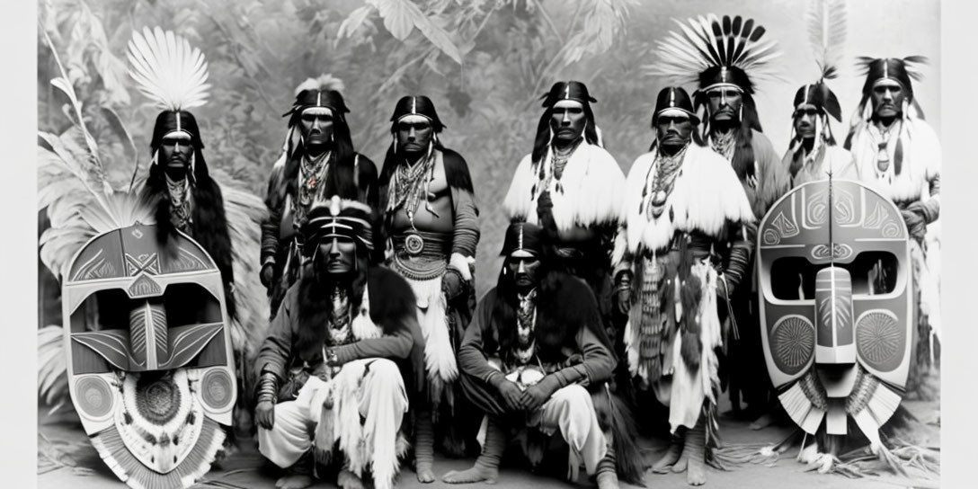 Vintage Black and White Photo: Native American Men in Ceremonial Attire