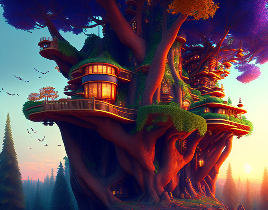 Intricate wooden treehouse in mystical forest at sunset