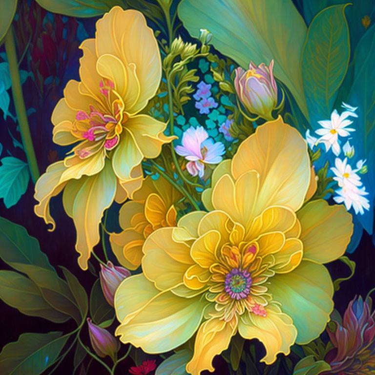 Detailed digital artwork: Yellow flowers, green leaves, white & pink flowers on dark background