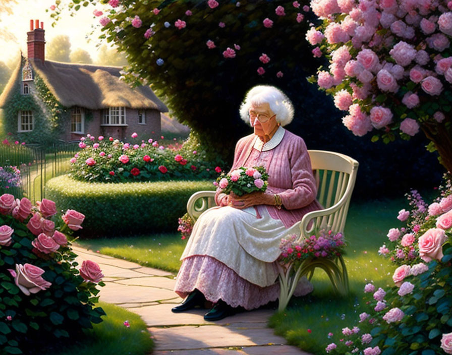 Elderly woman with flowers on garden bench by cottage and rose bushes