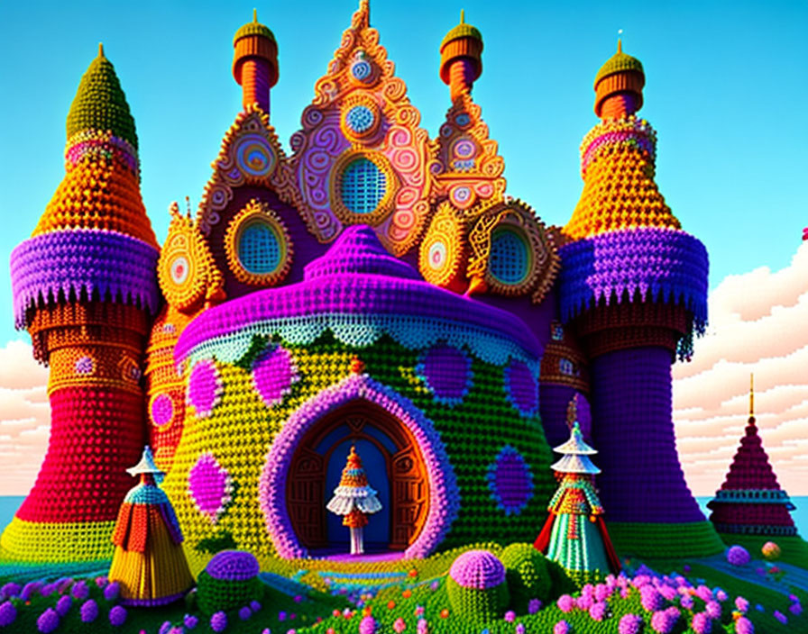 Colorful Fantasy Castle with Crochet-like Texture and Whimsical Towers