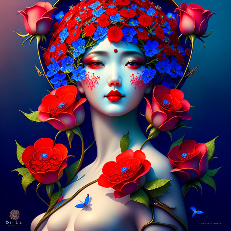 Stylized woman portrait with red and blue flowers and butterflies on dark background