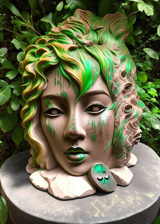 Colorful face sculpture with green and blonde hair, intense eyes, and green lips against natural backdrop