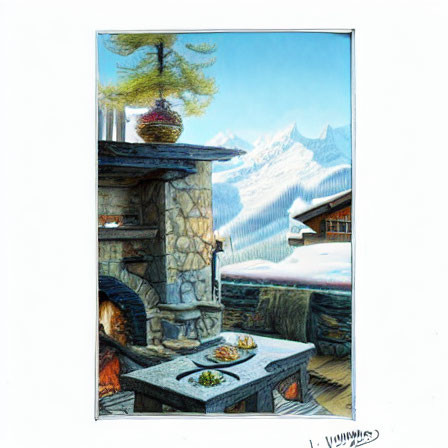 Cozy outdoor fireplace on terrace with snowy mountain view & tree on chimney