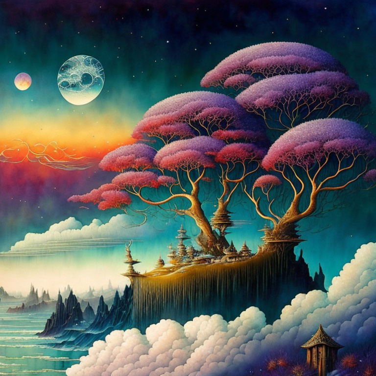 Fantasy landscape with purple trees on floating island, waterfalls, moon, planets, and pagoda