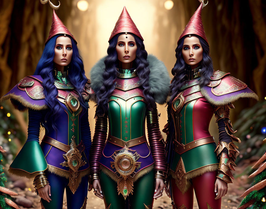 Three women in fantasy armor with metallic and jewel tones in mystical forest.