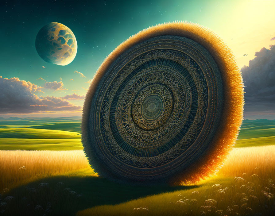 Circular mandala over lush field at sunset with detailed moon rising