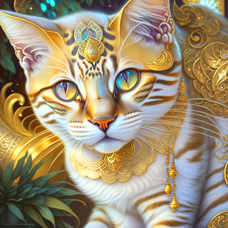 Stylized cat with ornate golden adornments on rich golden background