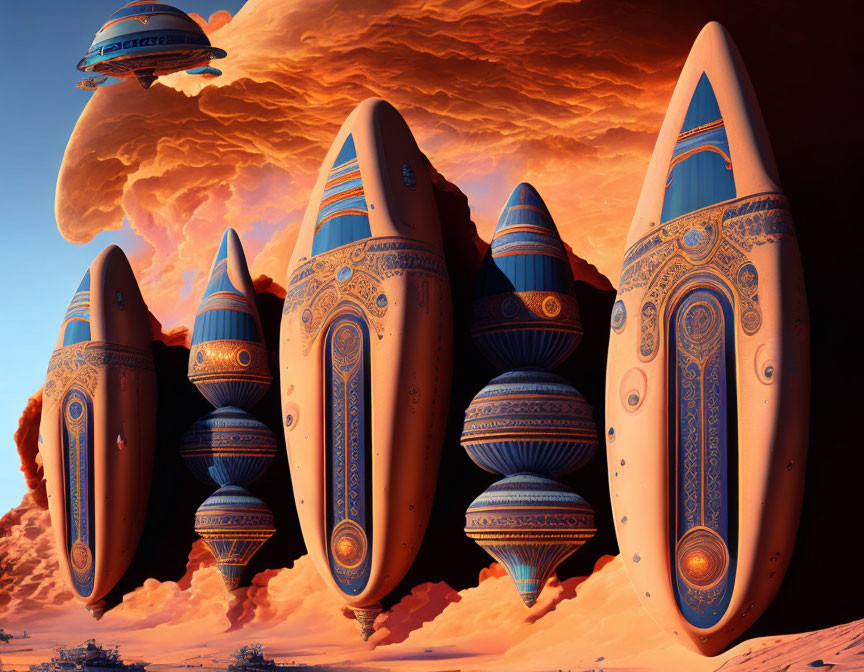 Vertical spacecraft fleet under vibrant orange sky with surreal clouds