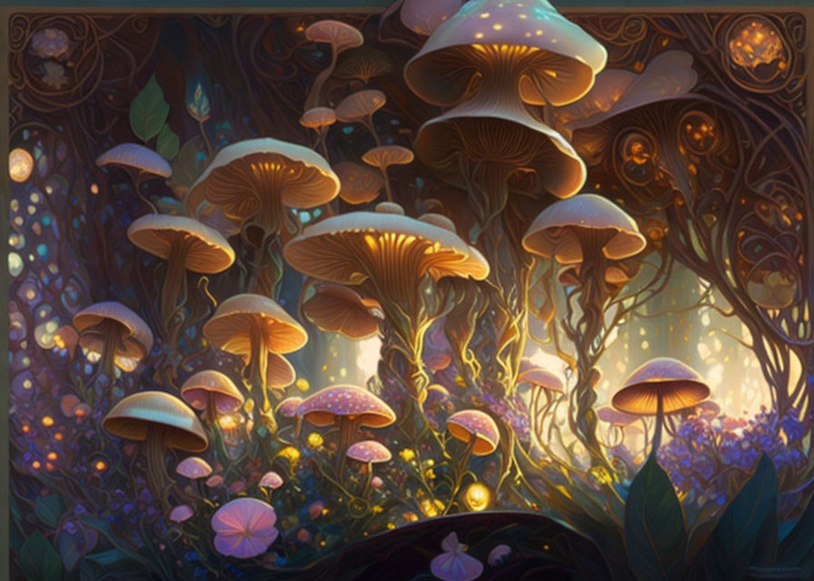 Fantasy illustration: Glowing oversized mushrooms in enchanted forest