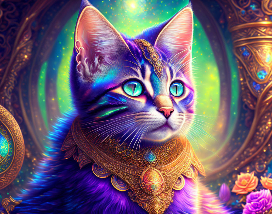 Regal fantasy cat with golden jewelry in cosmic background