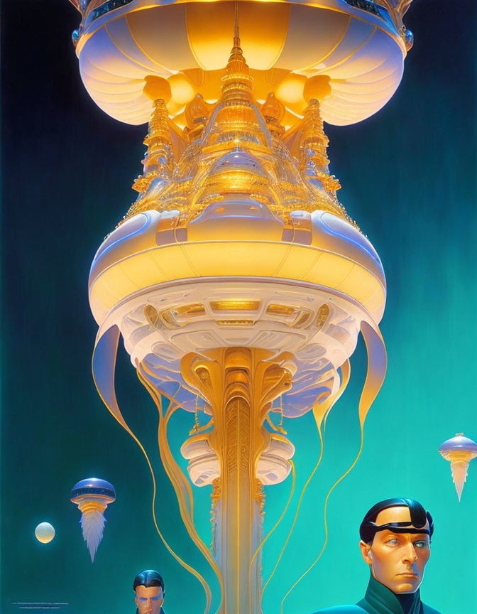 Golden futuristic towers and uniformed figures with reflective visors against a blue sky