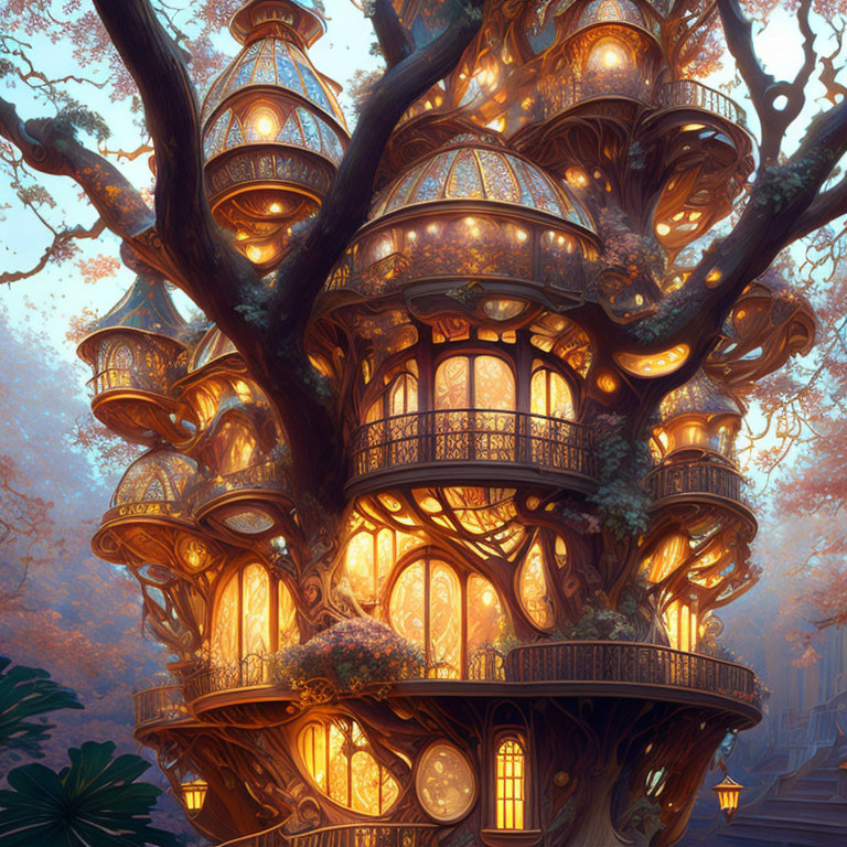 Intricate Treehouse in Giant Tree with Glowing Windows