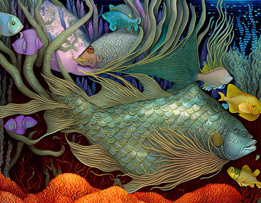 Detailed vibrant underwater scene with large fish and colorful coral