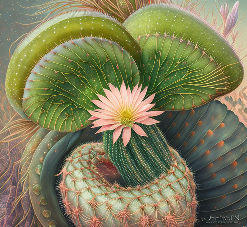 Colorful digital artwork: stylized succulents, cacti, pink flower