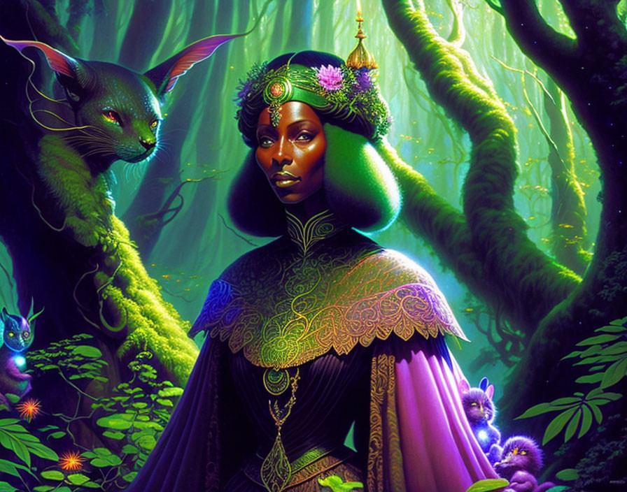 Ethereal woman with mystical animals in enchanted forest