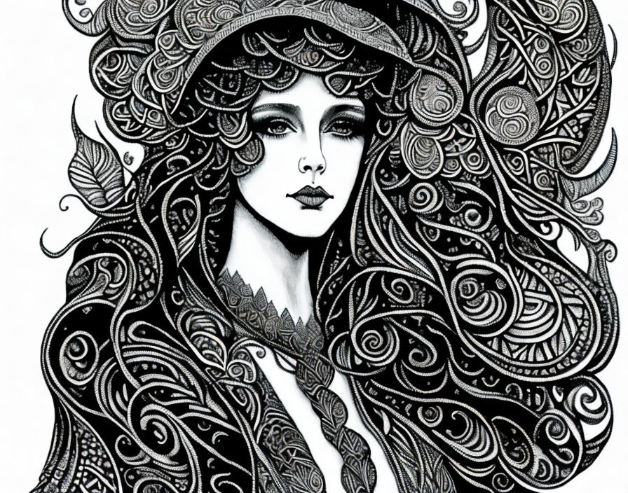 Detailed Black and White Woman Illustration with Elaborate Hair & Decorated Headdress