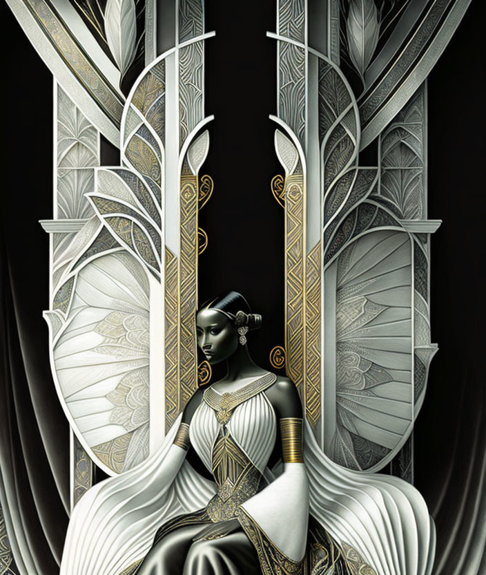 Art Deco Style Illustration of Woman in White and Gold Dress