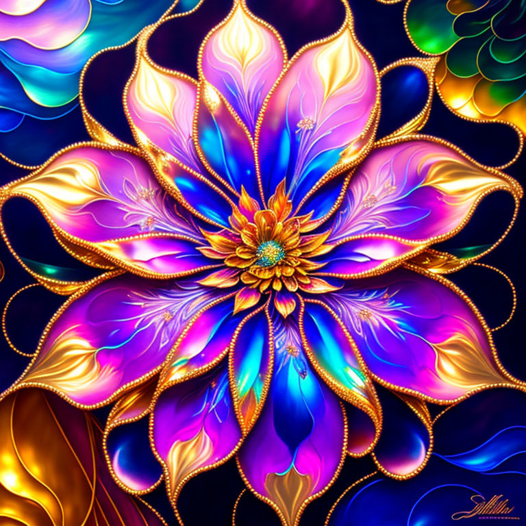 Colorful digital illustration of ornate flower with blue, purple, and gold petals on dark backdrop