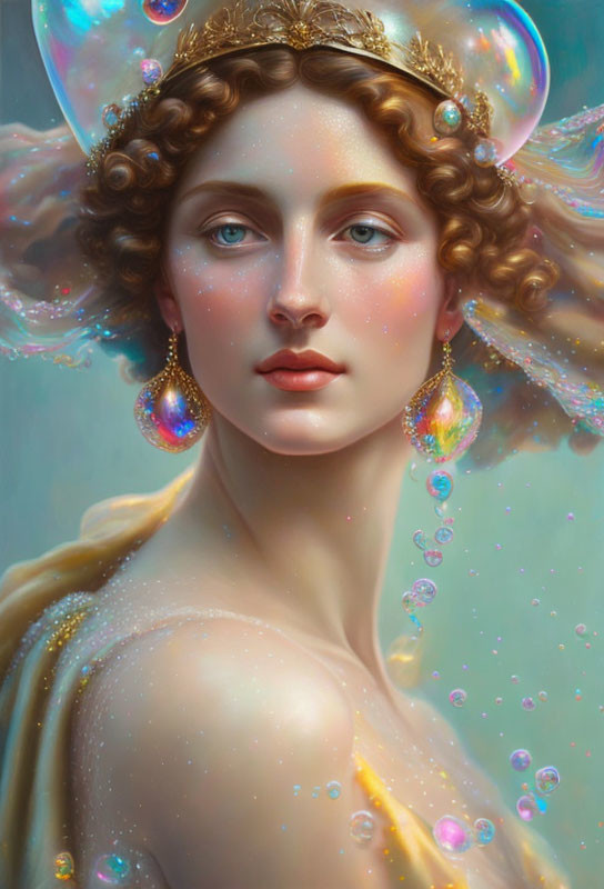 Curly-haired woman with tiara in digital portrait with iridescent bubbles