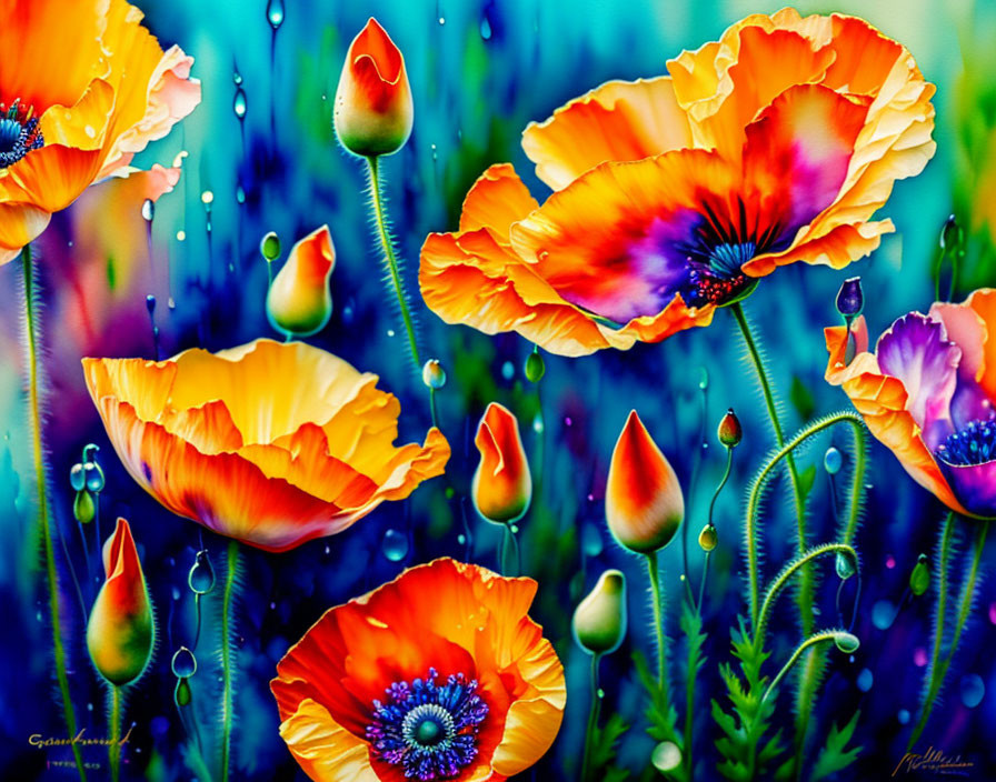 Colorful digital artwork: Orange poppies with water droplets on blue background