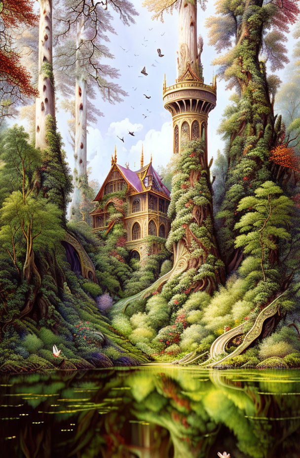 Majestic tower in lush forest with reflective lake