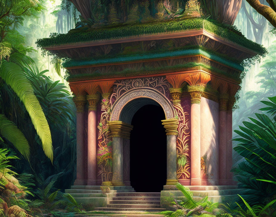 Ancient ornate temple in misty jungle with lush greenery