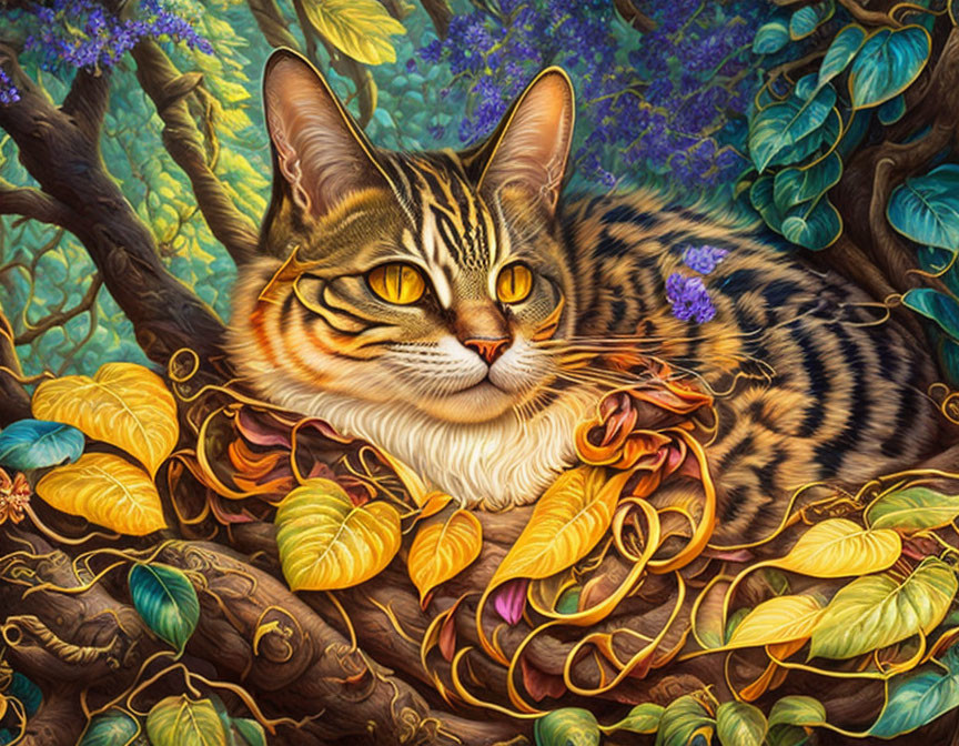 Detailed Tabby Cat Art Among Colorful Whimsical Foliage