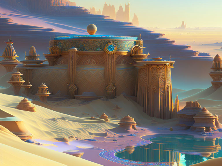 Futuristic desert city with domed structures and palace near oasis