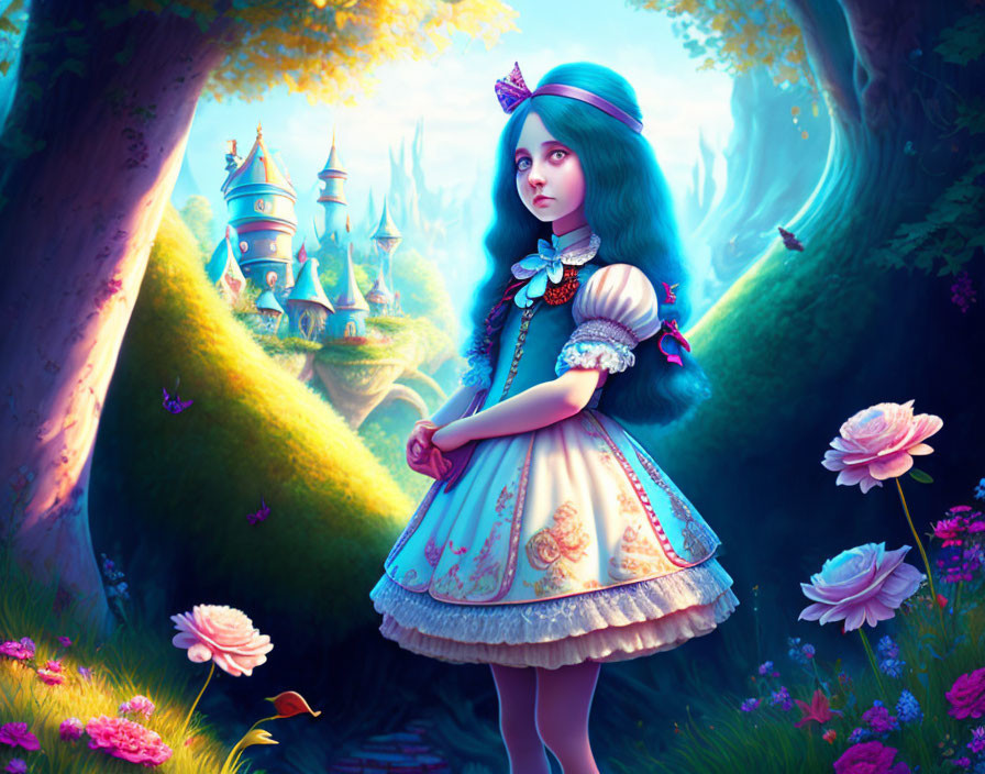 Detailed illustration of girl with blue hair in magical forest with castle & giant flowers