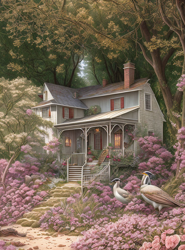 White picket fence house surrounded by pink blossoms and ducks