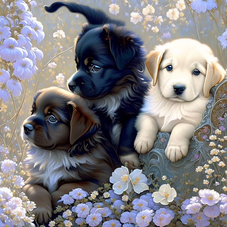 Three puppies among flowers, one looking at viewer