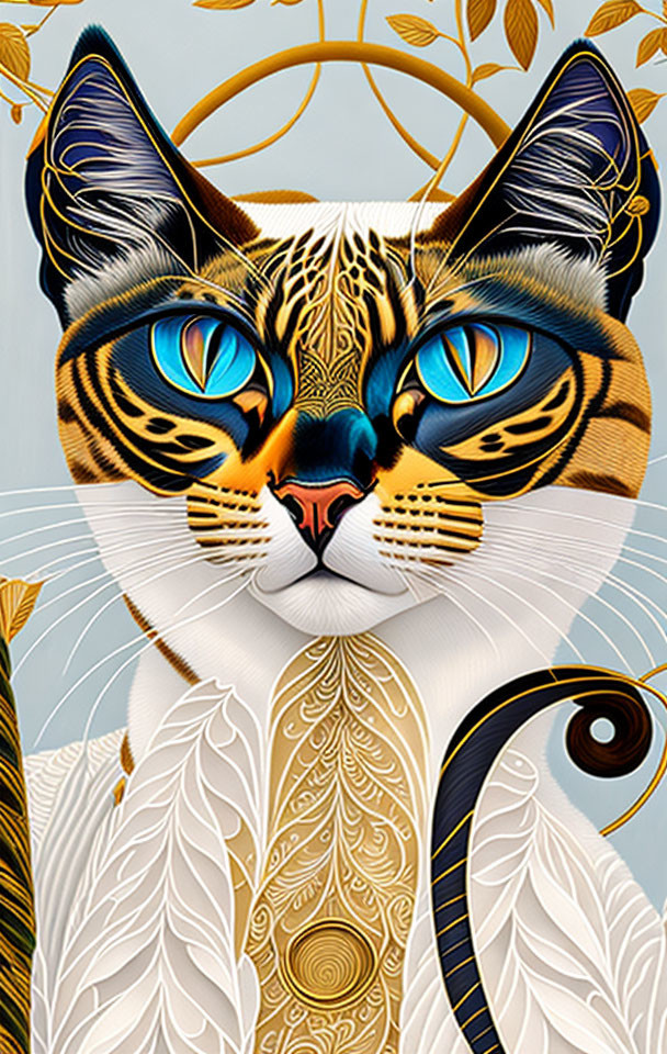 Artistic depiction of stylized cat with intricate patterns and vivid blue eyes on leaf motif background