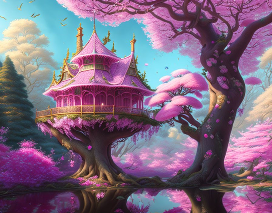 Pink ornate treehouse in cherry blossom tree in magical forest