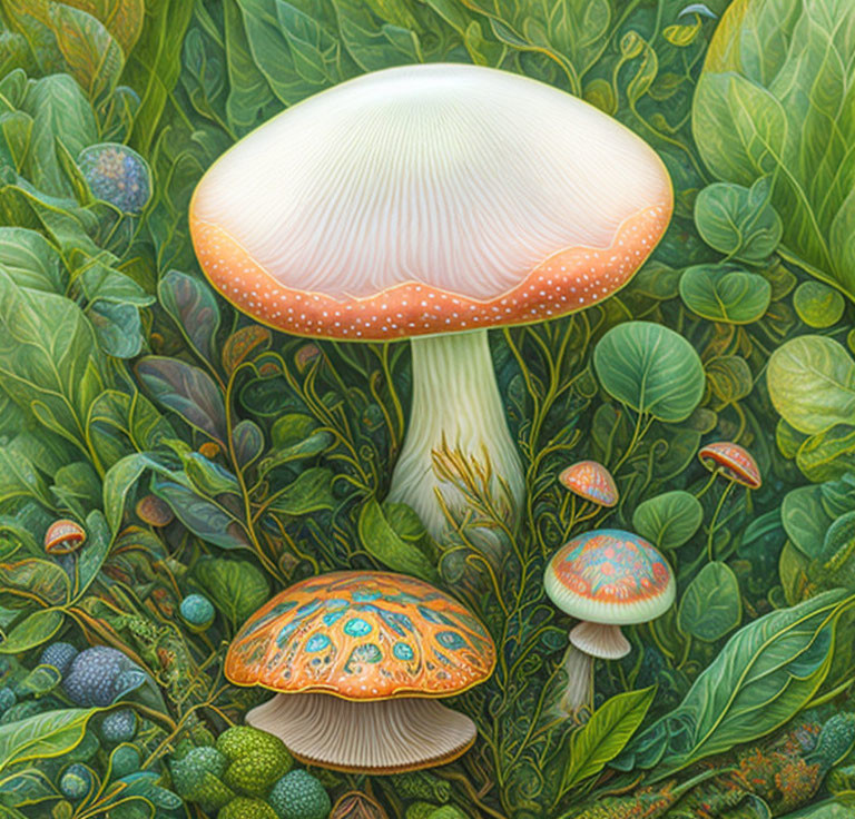 Vibrant Mushroom Illustration with Glowing Cap and Green Foliage