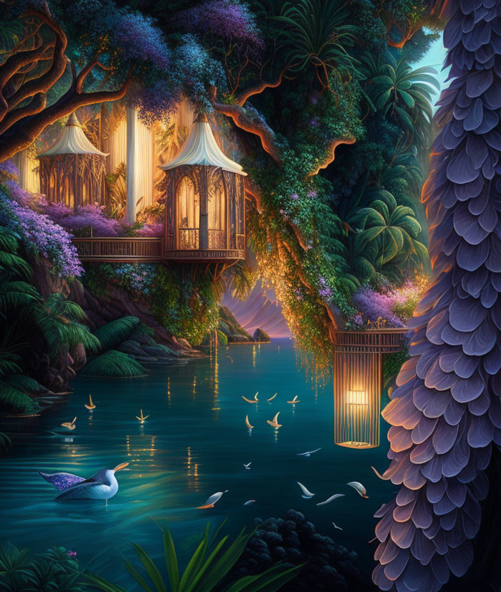 Enchanting night scene: illuminated treehouses, serene lake, lush foliage.