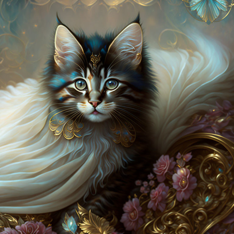 Majestic cat illustration with gold accents and floral surroundings